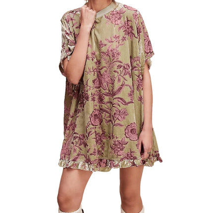 Amazon 2024 Women Fashion Vintage Velvet dress Round Neck Short Sleeve Floral Print Mini Elegant