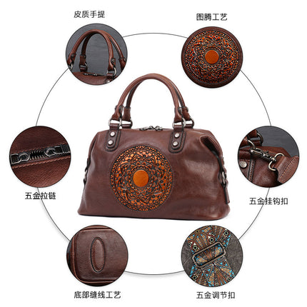 Embossed Totem Tote Bag in Vegetable-Tanned Leather for Women, Commuter Handbag, Large Capacity Shoulder Crossbody Dumpling Bag