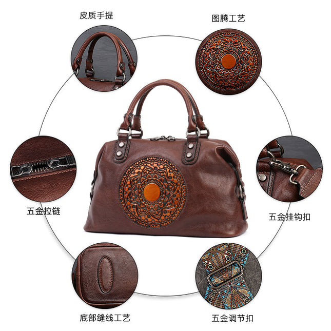 Embossed Totem Tote Bag in Vegetable-Tanned Leather for Women, Commuter Handbag, Large Capacity Shoulder Crossbody Dumpling Bag