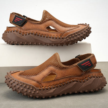 Cross-Border Hot-Selling Summer New Products Large Size Hand-Stitched Casual Breathable Mesh Genuine Leather Toe-Cap Sandals and River Shoes