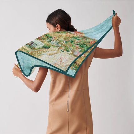 90cm Spring New Van Gogh Oil Painting Windmill Vegetable Garden Fashion Shawl Large Square Scarf Scarf Scarf Strapless Scarf