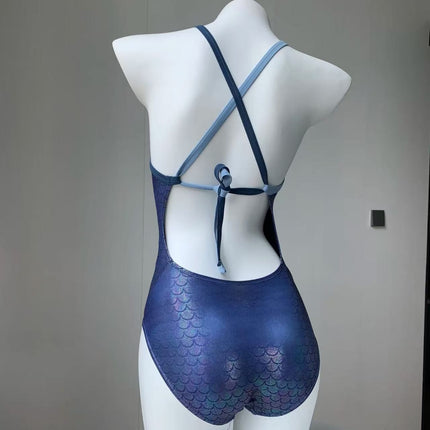 Mermaid Scale Slimming Look Small Breast Double Shoulder Sling Racing Sports Training Fixed Cup One-Piece Swimsuit for Women