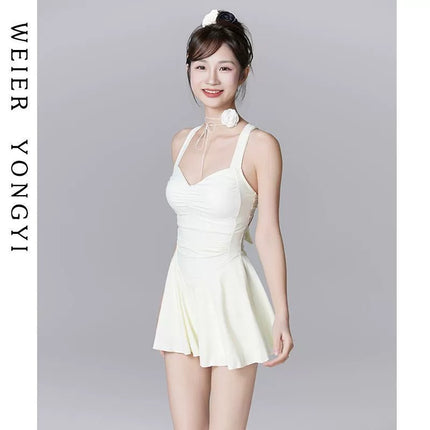 Fairy-Style Swimsuit for Women, High-End One-Piece Skirt Style, Conservative Belly-Covering, Waist-Slimming, Push-Up, Seaside Vacation, Hot Spring Bathing