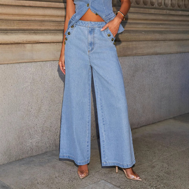 Factory direct cross-border 2025 new American solid color fashion sleeveless Denim suit European and American style straight leg pants