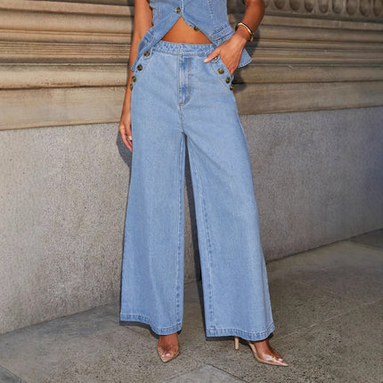 Factory direct cross-border 2025 new American solid color fashion sleeveless Denim suit European and American style straight leg pants