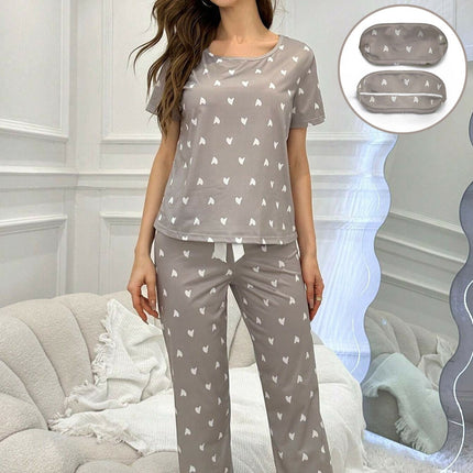 Cross-Border Women's New Foreign Trade Casual Home Wear Heart Short-Sleeved Trousers Two-Piece Set Comfortable Eye Mask Pajamas Set