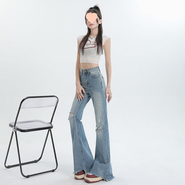 Ripped Flared Jeans for Women 2025 Summer New High-Waisted Frayed Design Distressed Floor-Length Bootcut Pants