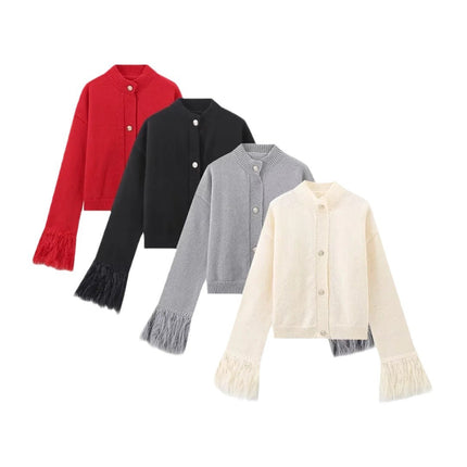 European and American Style Women's Clothing, Popular Cross-Border Product, Lazy and Versatile, Solid Color Spliced Feather Knit Cardigan