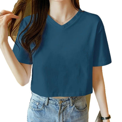 White Short T-Shirt Women's Short-Sleeved V Neck Loose Crop Top Summer New Half-Sleeved Pure Cotton Women's T-Shirt Clothes