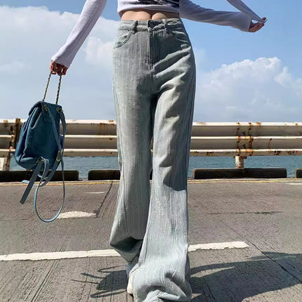 Light Jacquard Pants with Rear Pocket for 2024 Autumn High Waist Retro Flip Design Horn Denim Pants Niche
