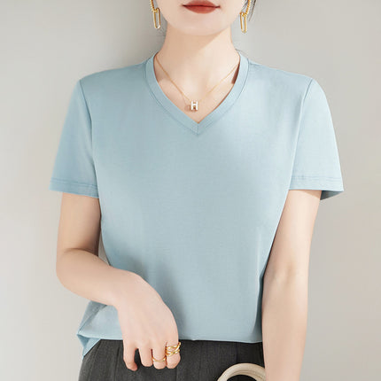 100 mercerized cotton short-sleeved T-shirt women's 2025 summer new V-neck cotton pullover vest cool feeling ice silk base
