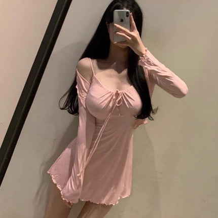 Korean Dongdaemun Gentle and Sexy Little Woman Comfortable Thin Cardigan + Waist-Cinching Figure-Flattering Ruffle Strap Dress