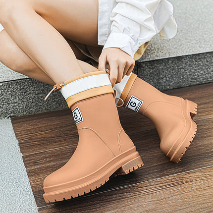Cross-Border Women's Mid-Calf Rain Boots, Thickened Drawstring Rain Shoes, Wear-Resistant, Non-Slip, Waterproof, Comfortable Water Shoes, Outdoor Rubber Shoes for Women