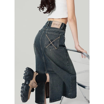 Cement Grey Denim Skirt Women's Trendy All-match New High Waist Slimming Split A- Line Mid-length Hip Skirt
