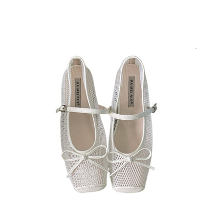 Korean Style One-Line Shallow Mouth Shoes 2025 Summer New Style Bow Breathable Mesh Shoes Square Toe Fisherman Shoes Buckle Women's Shoes