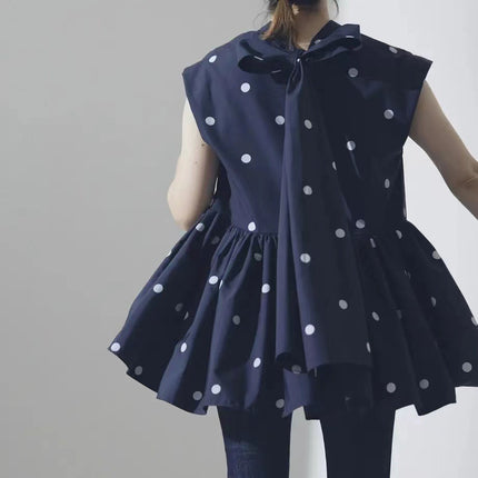 2023 New Japanese Polo Dot Irregular Back Bow Lace Short Sleeve Shirt
