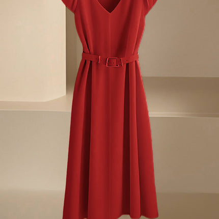 Amazon Spring and Summer New Skin-Friendly and Comfortable V-Neck Fashionable and Elegant Work Clothing Casual Pure Color Mid-Length Skirt & Without Belt