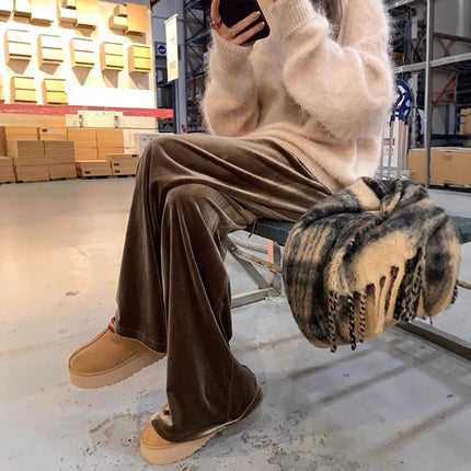 Maillard Brown Gold Velvet Wide Leg Pants Women's Spring and Autumn New Casual Pants Velvet Pants Drape Floor-Mopping Pants