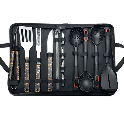 Outdoor camping stainless steel barbecue tools knife and fork suit nylon kitchenware spoon shovel cloth gift box wholesale