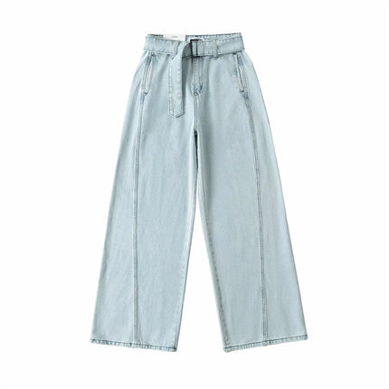 American Retro Wide-Leg Jeans Spring New High-Waist Belt Loose Slimming Look Casual Straight Pants Floor-Length Pants