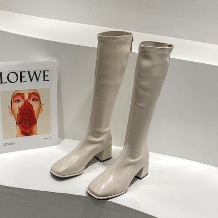 High-Top Knight Boots for Women with Plush Lining, 2025 Autumn and Winter New Style, Petite Knee-High Boots with Chunky Heels and Square Toe, Plus-Size Boots