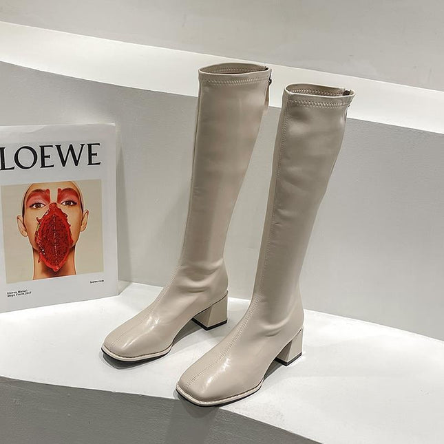 High-Top Knight Boots for Women with Plush Lining, 2025 Autumn and Winter New Style, Petite Knee-High Boots with Chunky Heels and Square Toe, Plus-Size Boots
