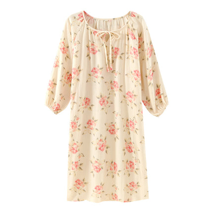 Nightdress women's cotton yarn crepe round neck pullover Spring and Autumn long sleeve pajamas loose outer wear thin home dress