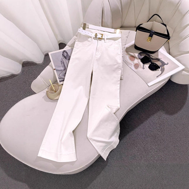 White Stretch Wide-Leg Jeans for Women 2025 Autumn New Petite Loose Slimming Drapey Flared Floor-Length Pants