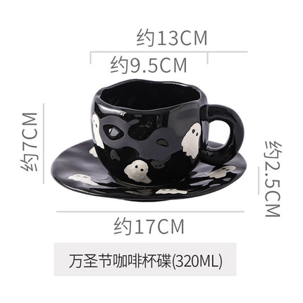 Creative Halloween-Themed Ceramic Cup and Saucer, Irregular Personalized Coffee Cup and Saucer with Pumpkin and Bat Patterns