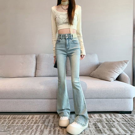 Light Color Flared Jeans Women's Spring and Autumn 2024 New Stretch Small High Waist Slimming Long Pants