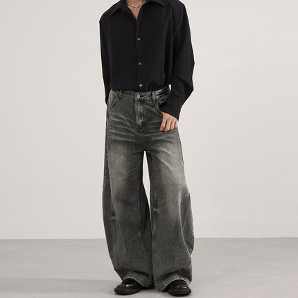 Lktm Men's Clothing American-Style Washed Vintage Black-Gray Scimitar Jeans Unisex Baggy Silhouette Casual Floor-Length Pants