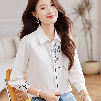 2025 Spring New Commuter Lapel Nail Drill Rose Embroidered Dark Placket Shirt Blouse Top