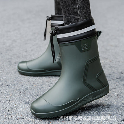 Rain Boots Men's Mid-Calf Water Shoes Waterproof Mouth Drawstring Rubber Shoes Kitchen Takeaway Rider Overshoes Fleece-Lined Warm Rain Boots