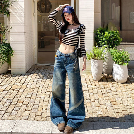 Raccoon House # American Retro Distressed Heavy Wash Denim Jeans for Women 2025 Autumn Loose Straight Wide-Leg Floor-Length Pants