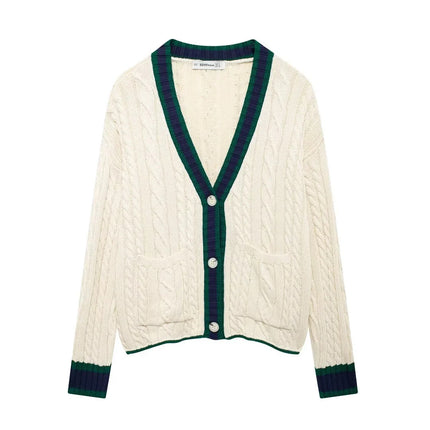 Cross-border European and American Women's AliExpress Explosions Simple All-match V-neck Single-breasted Cable Rope Pattern Knitted Sweater Cardigan