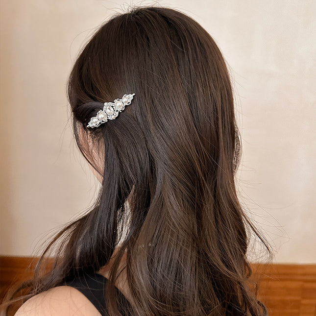 French Style Vintage Rhinestone Pearl Hairpin Women's High-end Sense Broken Hair Duckbill Clip Elegant Hairpin Side Bangs Clip Headwear
