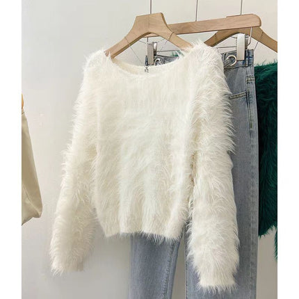 Design Sense Shoulder Imitation Mink Cashmere Sweater Women's Autumn and Winter New Soft Waxy Green Fluffy Knitted Sweater Long Sleeve Short Top