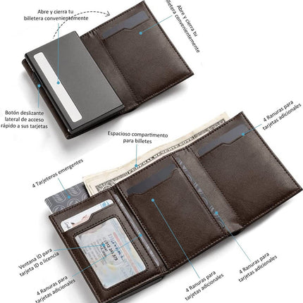 Factory wholesale anti-theft brush rfid carbon fiber tri-fold wallet men's aluminum alloy credit card box automatic card holder