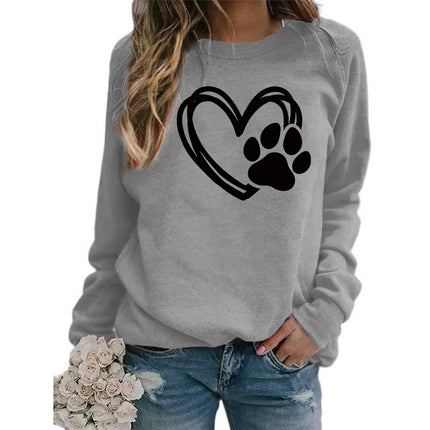 Cross-border Foreign Trade Supply Dog Feet Love Printed Round Neck Jacket Women's Long Sleeve European Size plus size Loose