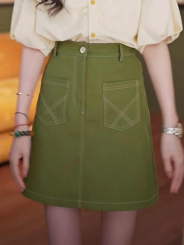 Hong Kong Style Retro Green Skirt Women's 2024 New High Waist A- line Short Skirt