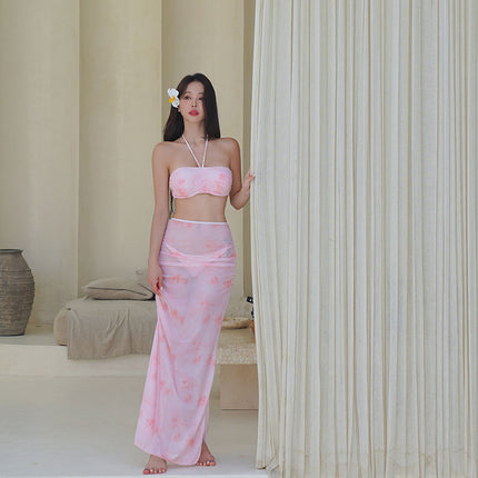New Style Color Smudged Bikini Three-Piece Conservative Long Skirt Sexy Slimming Belly-Covering Hot Spring Split Swimsuit for Women