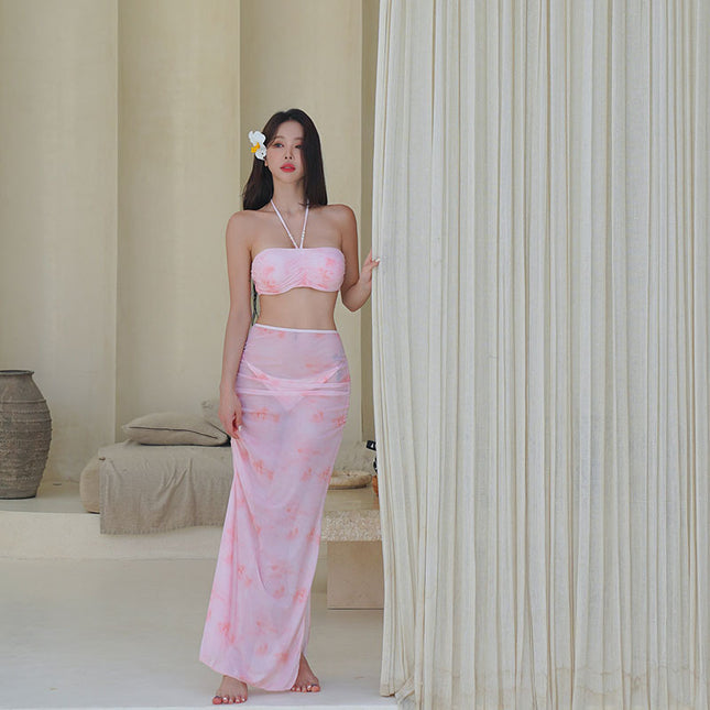 New Style Color Smudged Bikini Three-Piece Conservative Long Skirt Sexy Slimming Belly-Covering Hot Spring Split Swimsuit for Women
