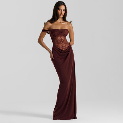 Personalized Design Cross-Border New Women's Solid Color One-Shoulder Lace See-Through Slit Temperament Sexy Waist Dress for Women