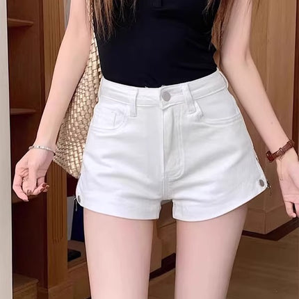 Hot Girl White Denim Shorts Women's Summer New Design Side Zipper Low Waist Sexy Hip-Covering Hot Pants Trendy
