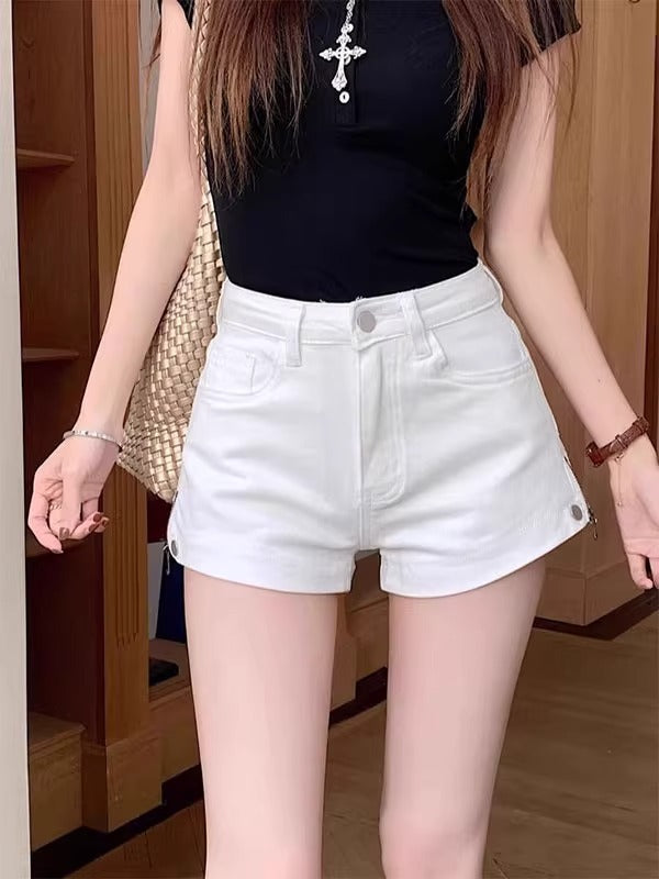 Hot Girl White Denim Shorts Women's Summer New Design Side Zipper Low Waist Sexy Hip-Covering Hot Pants Trendy