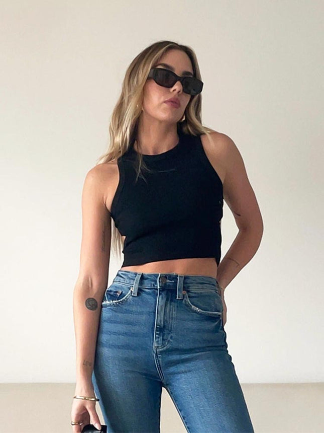2024 Summer Cross-Border New I-Shaped Vest European and American Ins Sports Short Navel-Baring Cut Out Sleeveless Top for Women