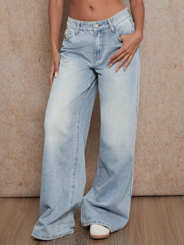KEL American New Style Mop Jeans Women's Low Waist Wide Leg Pants Retro Washed Blue Slim Gods Pants Spring