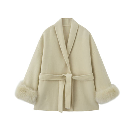 2025 Autumn and Winter Wool Double-Sided Woolen Outwear Woolen Short Fox Fur Petite Outwear Women's Mulberry Silk Jacket