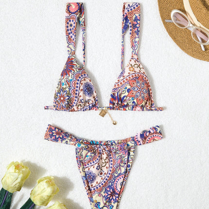 2025 European and American Split Swimsuit Female Sexy Lace-Up Printed New Bikini Two-Piece Backless Cross-Border Swimsuit for Women