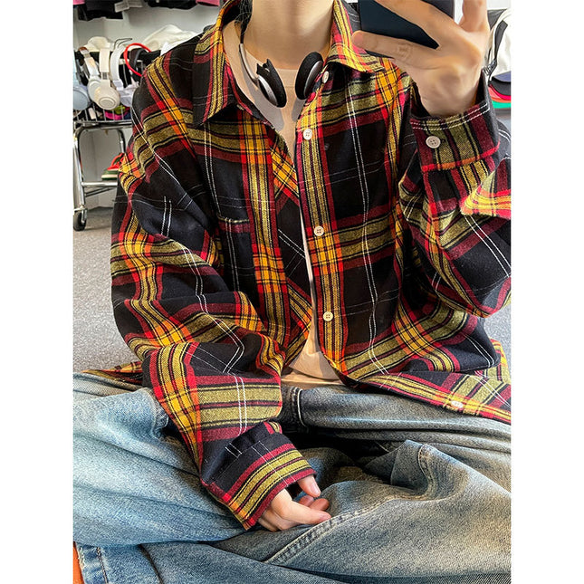Cross-border Commodity Foreign Trade Loose Retro Plaid Long-sleeved Shirt Men's and Women's Unisex Shirt Coat Shoulder Scrub Shirt